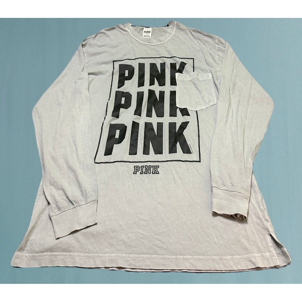 PINK Victoria's Secret Light Gray Long Sleeve Tee with Black Logo L